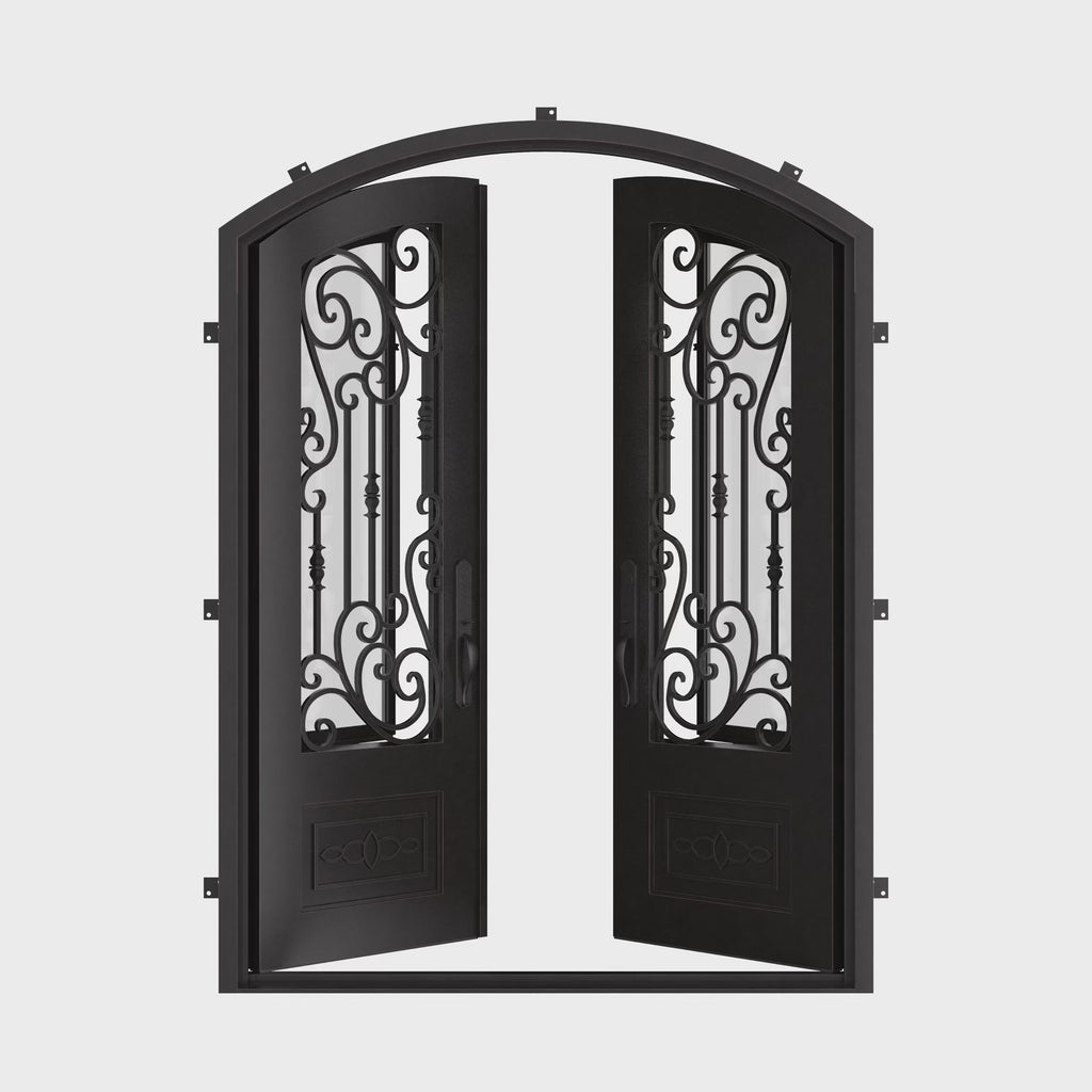 Golden Gate bronze colored metal arched top entry door with glass and thermal break.