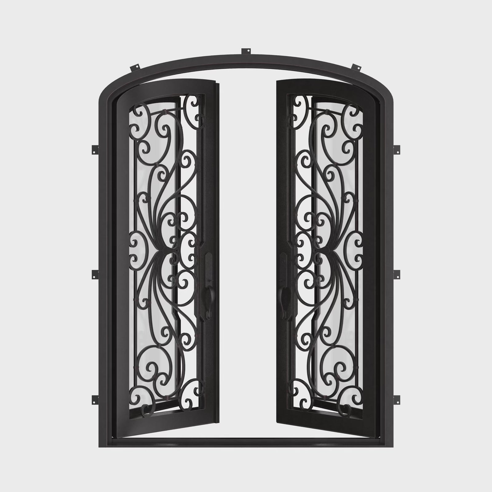 Miracle arched top iron door with clear glass in bronze finish.