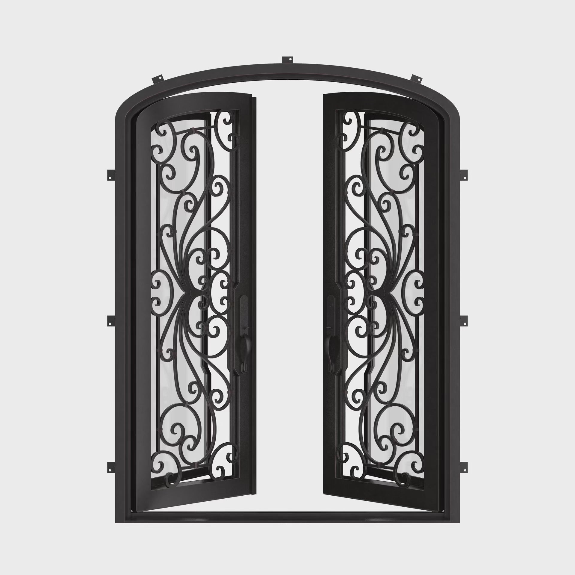 Miracle arched top iron door with clear glass in bronze finish.