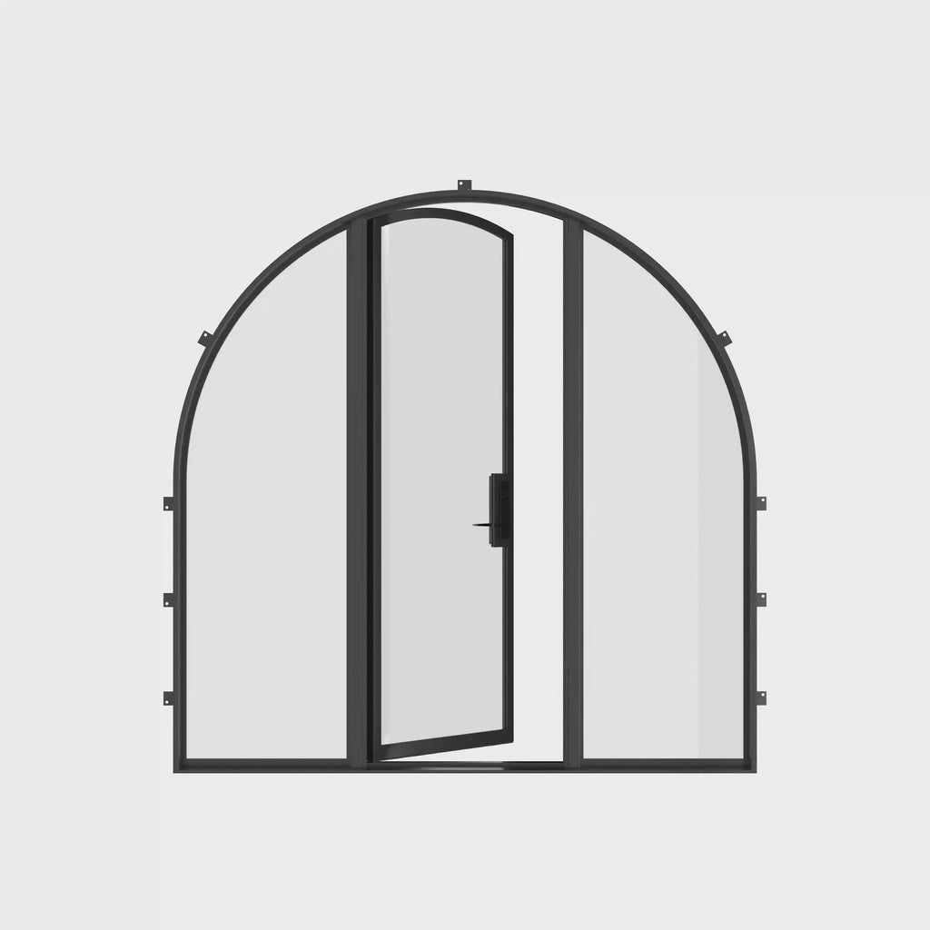 Designer single full-arch steel door with thermal break and glass sidelights