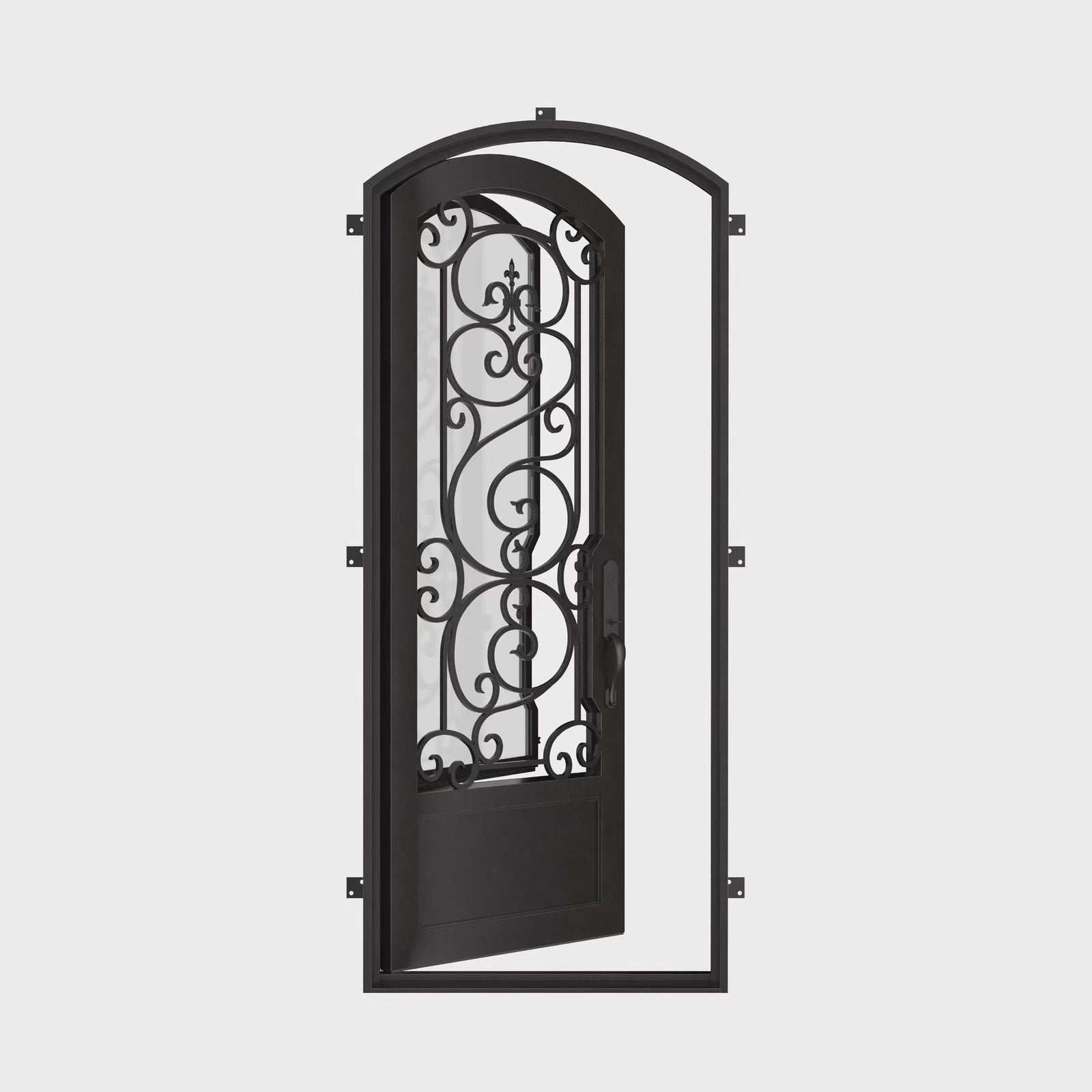 Beverly curved top single exterior door with thermal break in black finish.