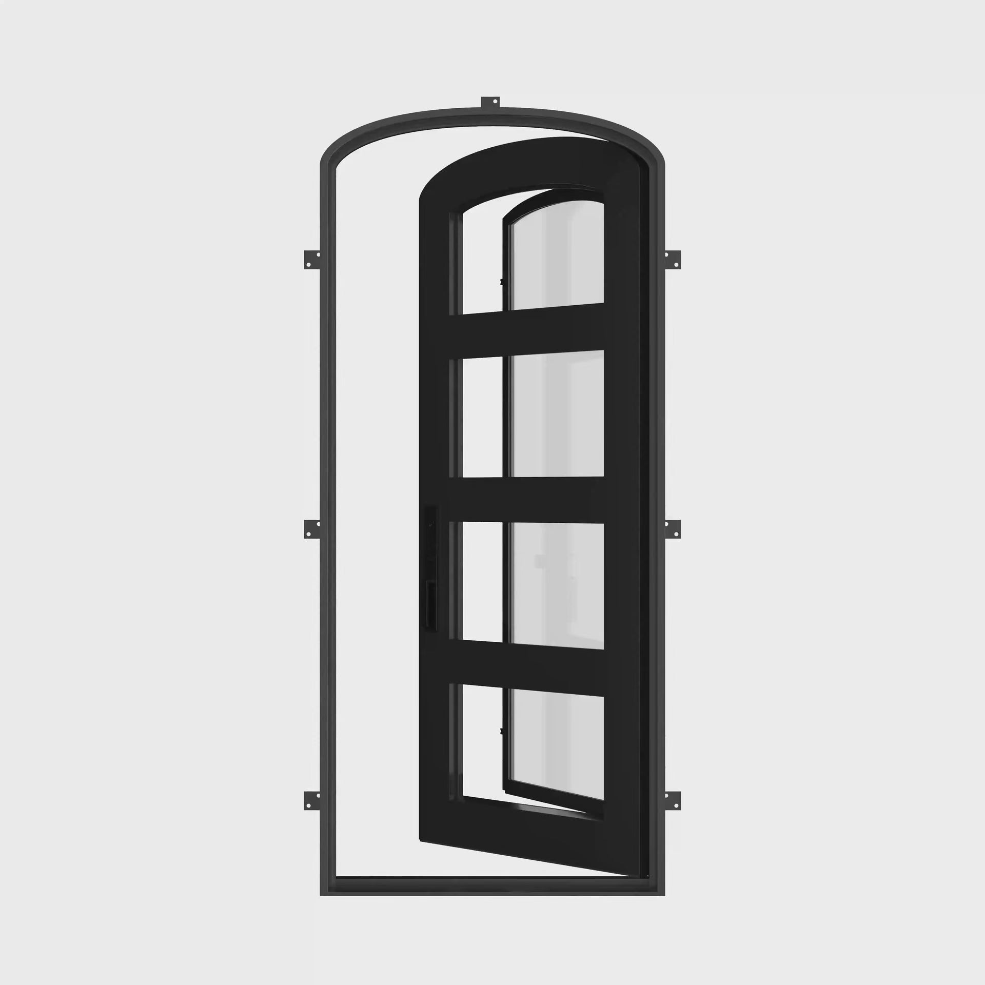 Knox pre-hung black iron mini arch top single door with double-pane glass.