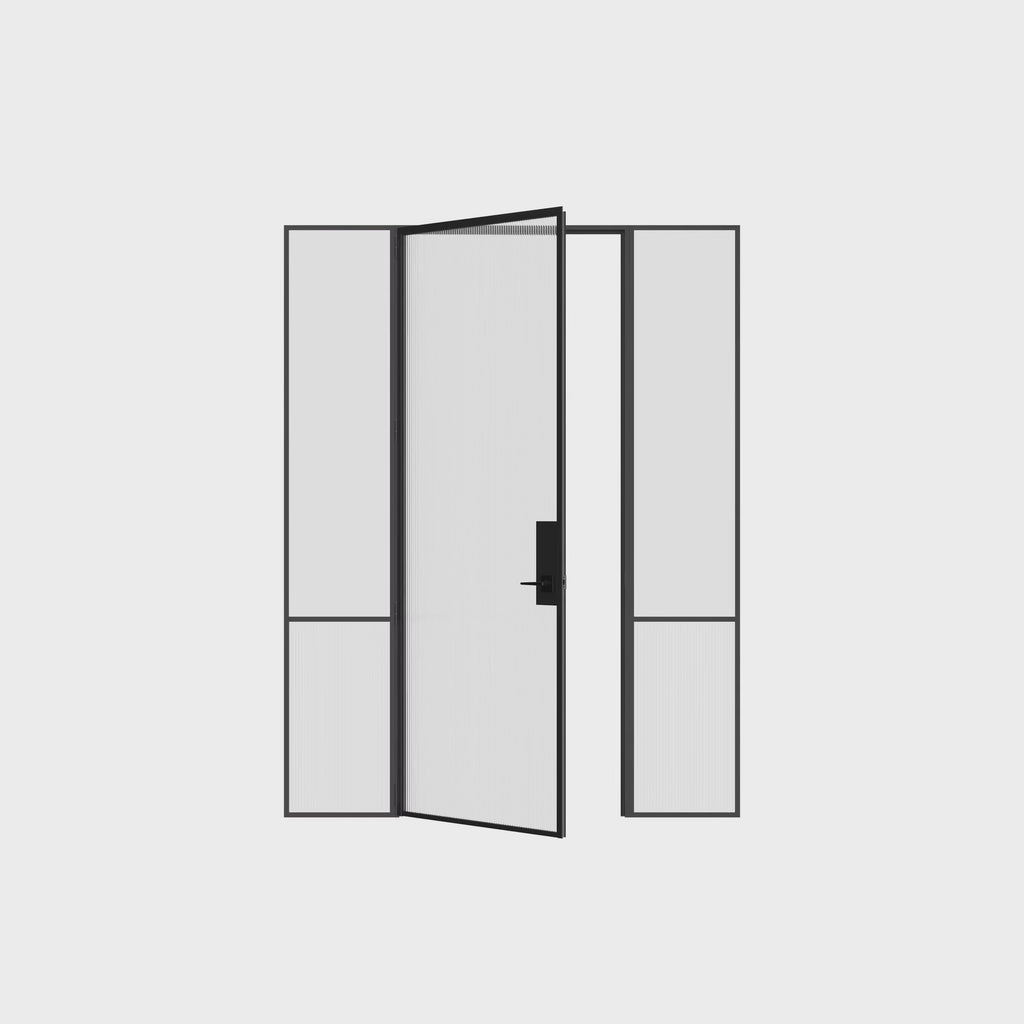 Air Grand interior door with sidelights built from OTTOSTUMM hot-rolled steel, slim profile framing and removable threshold system