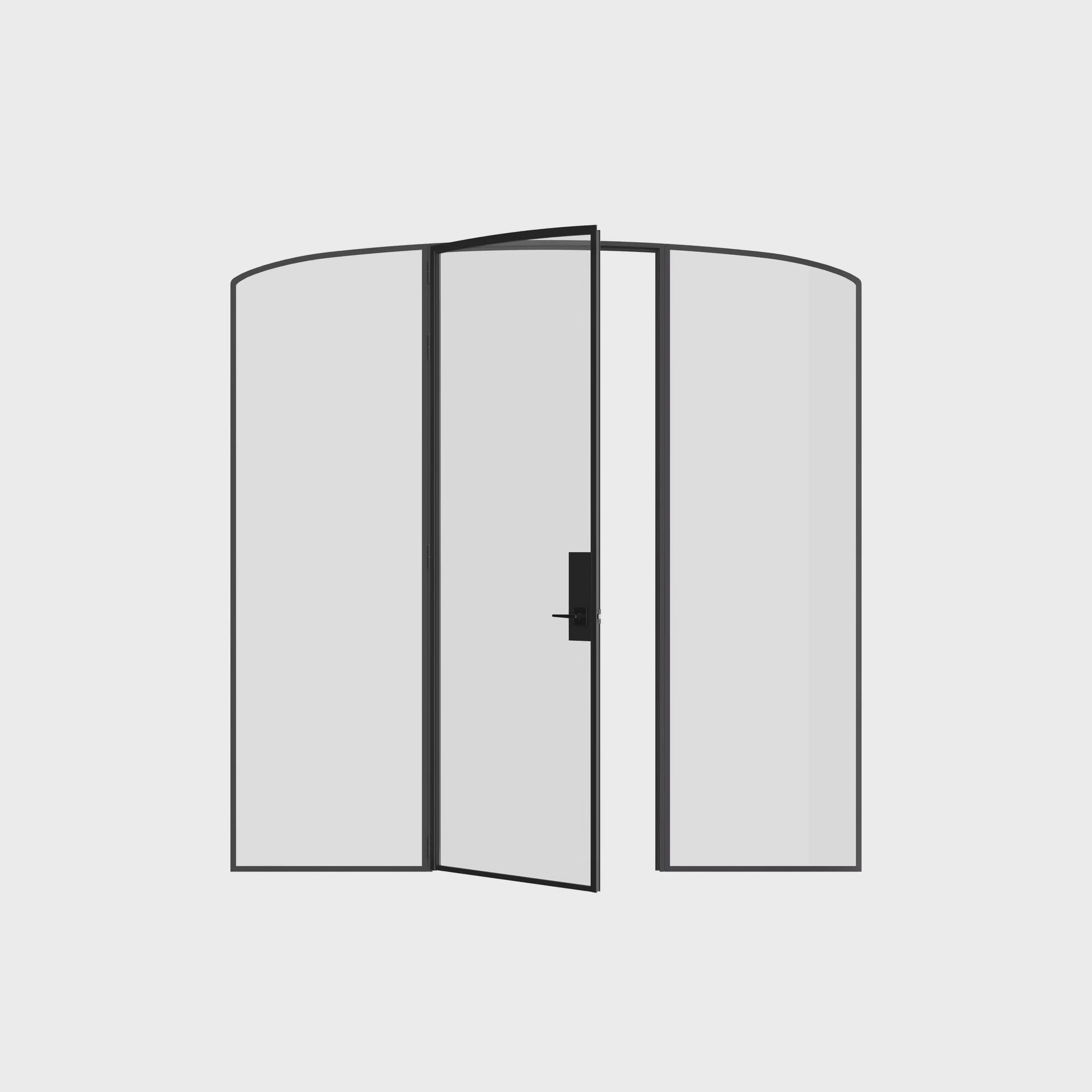Solid steel single door with compact arch top and narrow framing.
