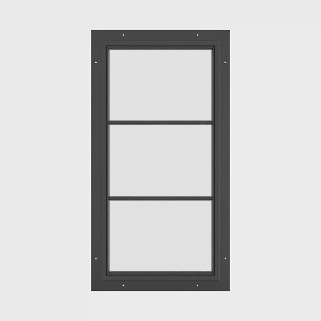 tall steel window with 0V 2H grid and dual pane low-e glazing