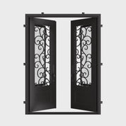Story black wrought iron double square top entry door with tempered glass.