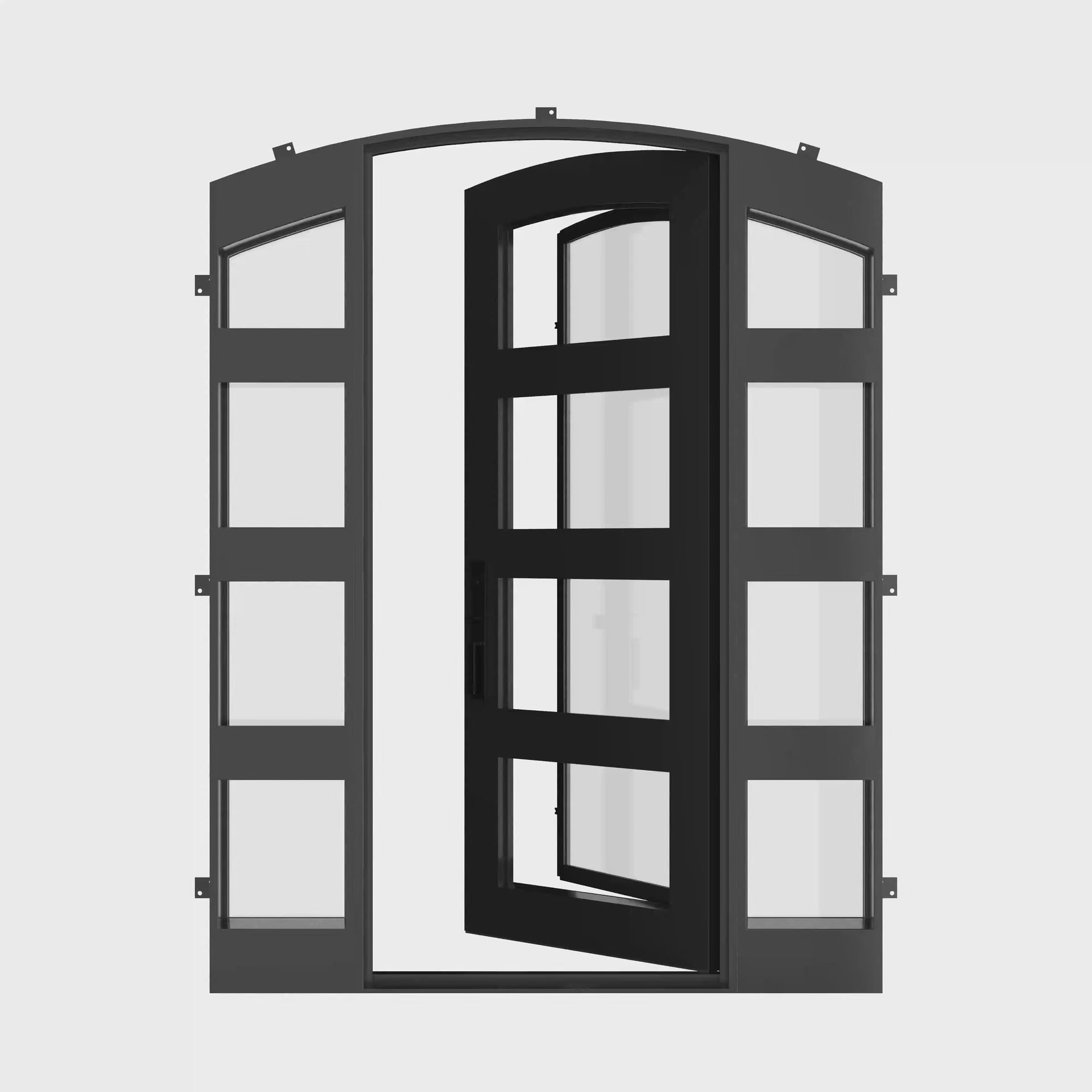Knox single arch top patio door with sidelights in black thermally broken.
