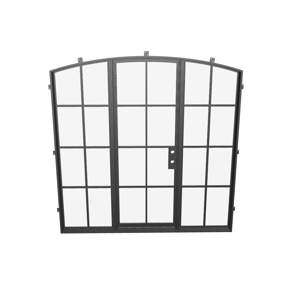 Designer single arch exterior steel door with tempered sidelites