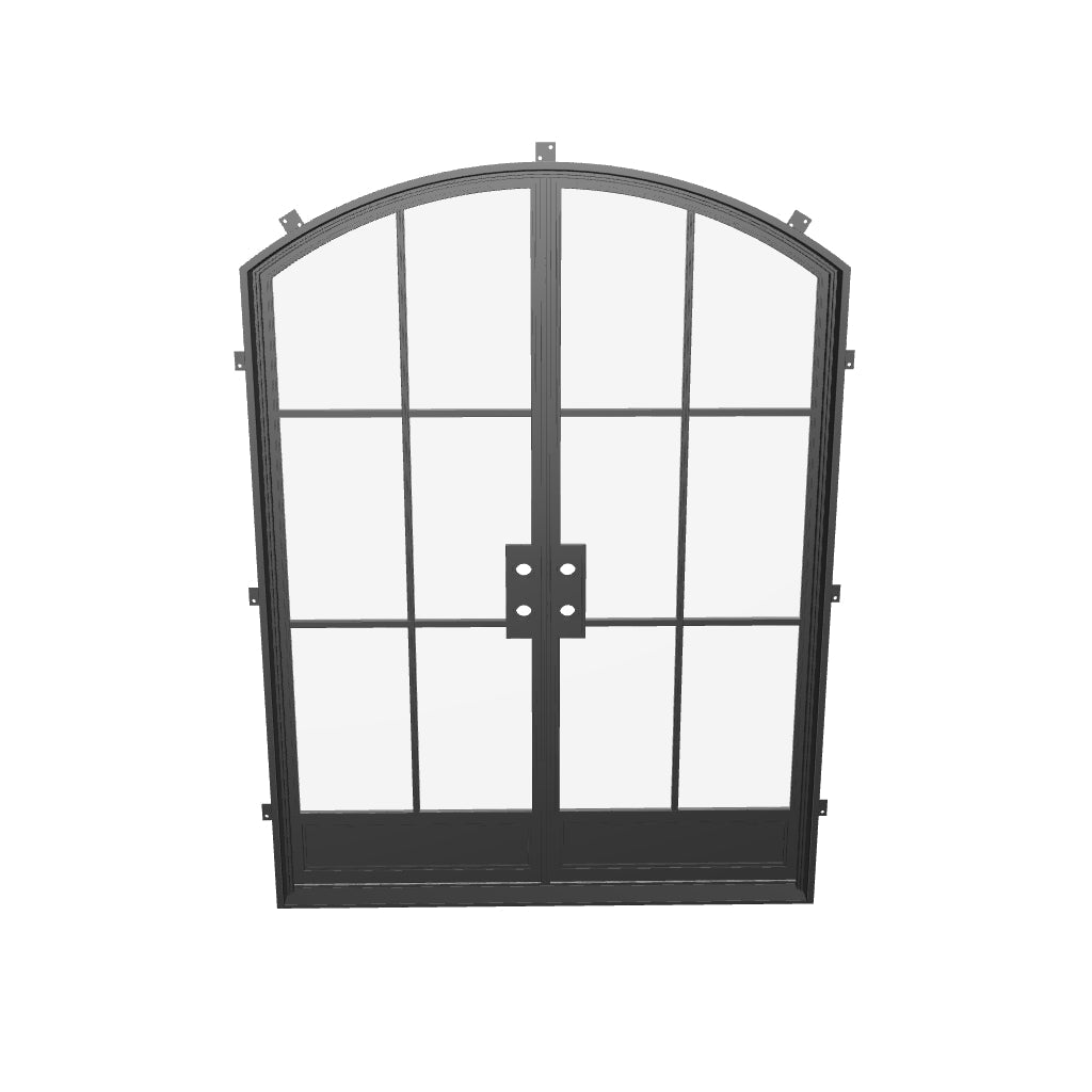 Modern double arch interior steel door with architectural steel frame and glass glazing