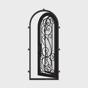 Hills black exterior iron single round top door with decorative scrollwork.