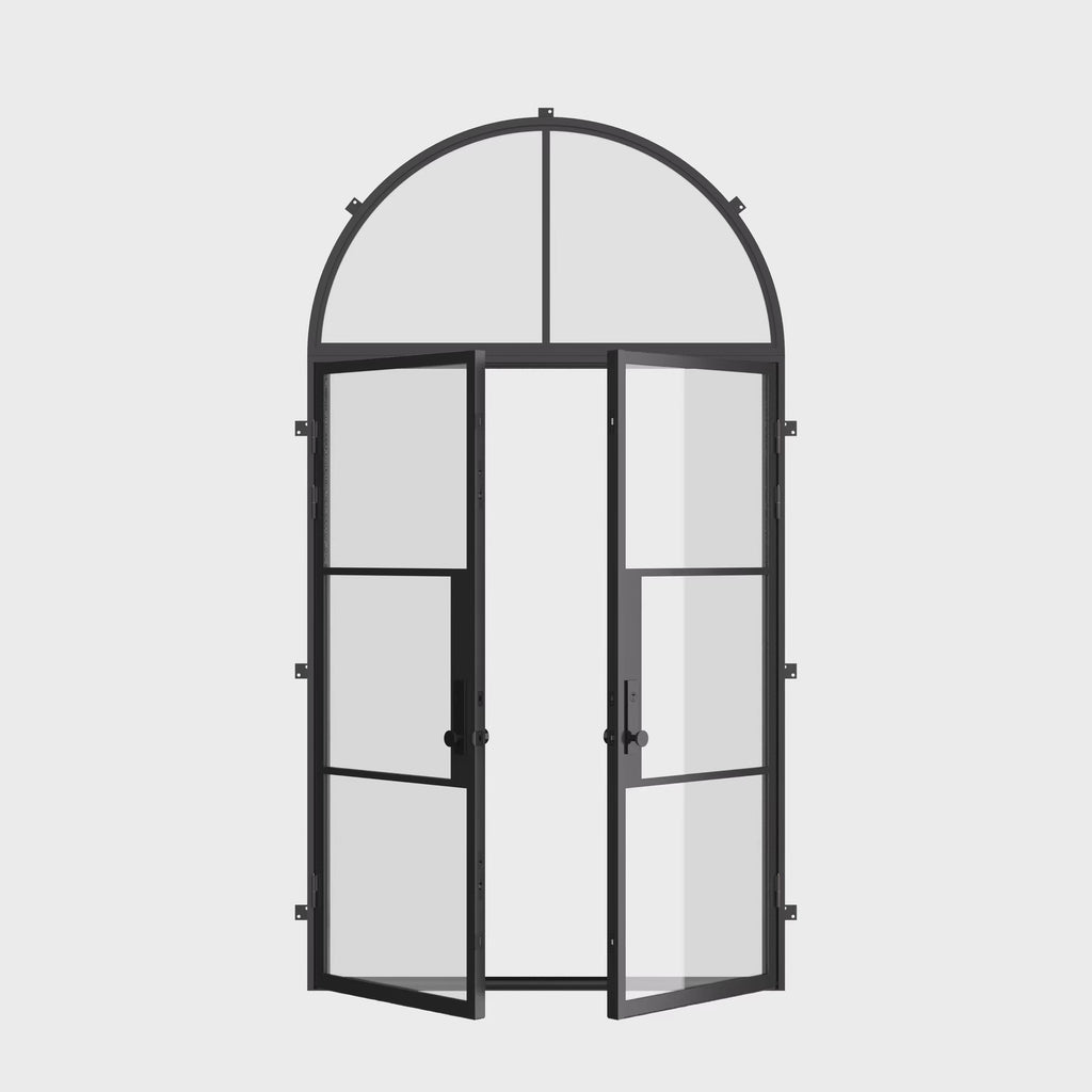 Air 4 flat double steel doors with full arch top glass panel