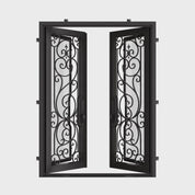 Hills architectural black iron double flat top door with ornate metalwork.