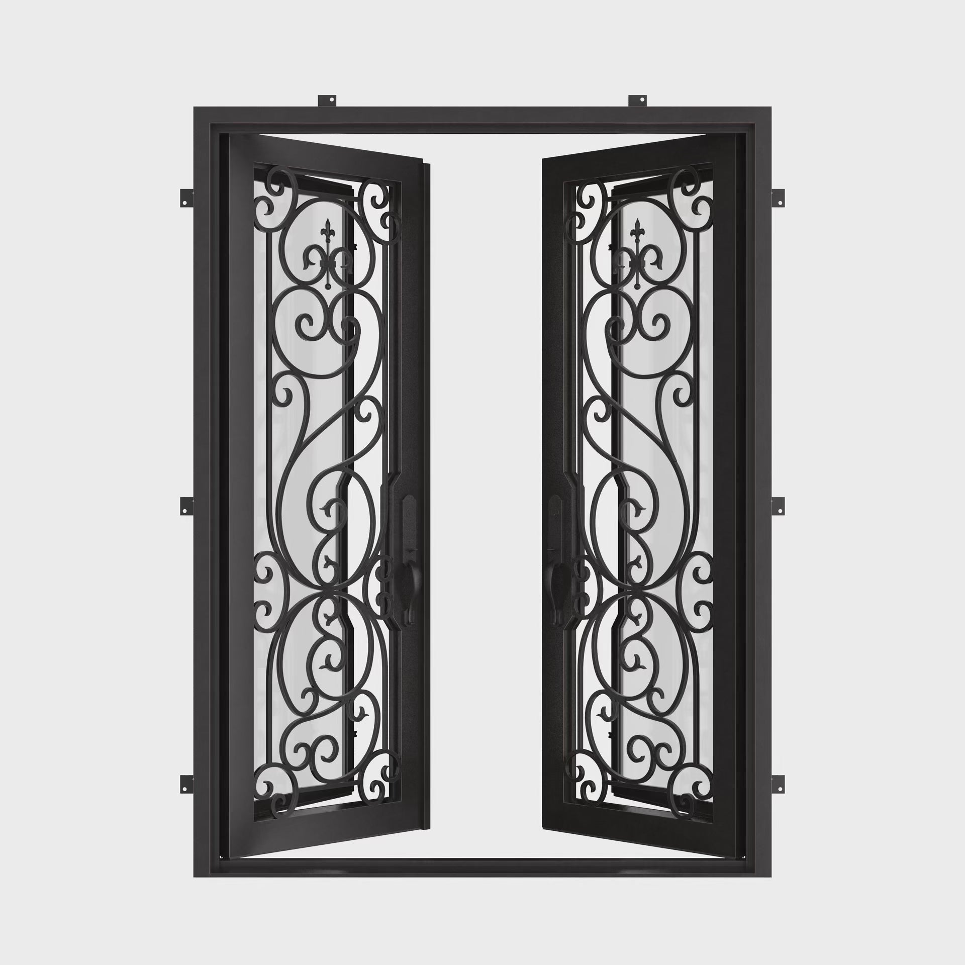 Hills architectural black iron double flat top door with ornate metalwork.