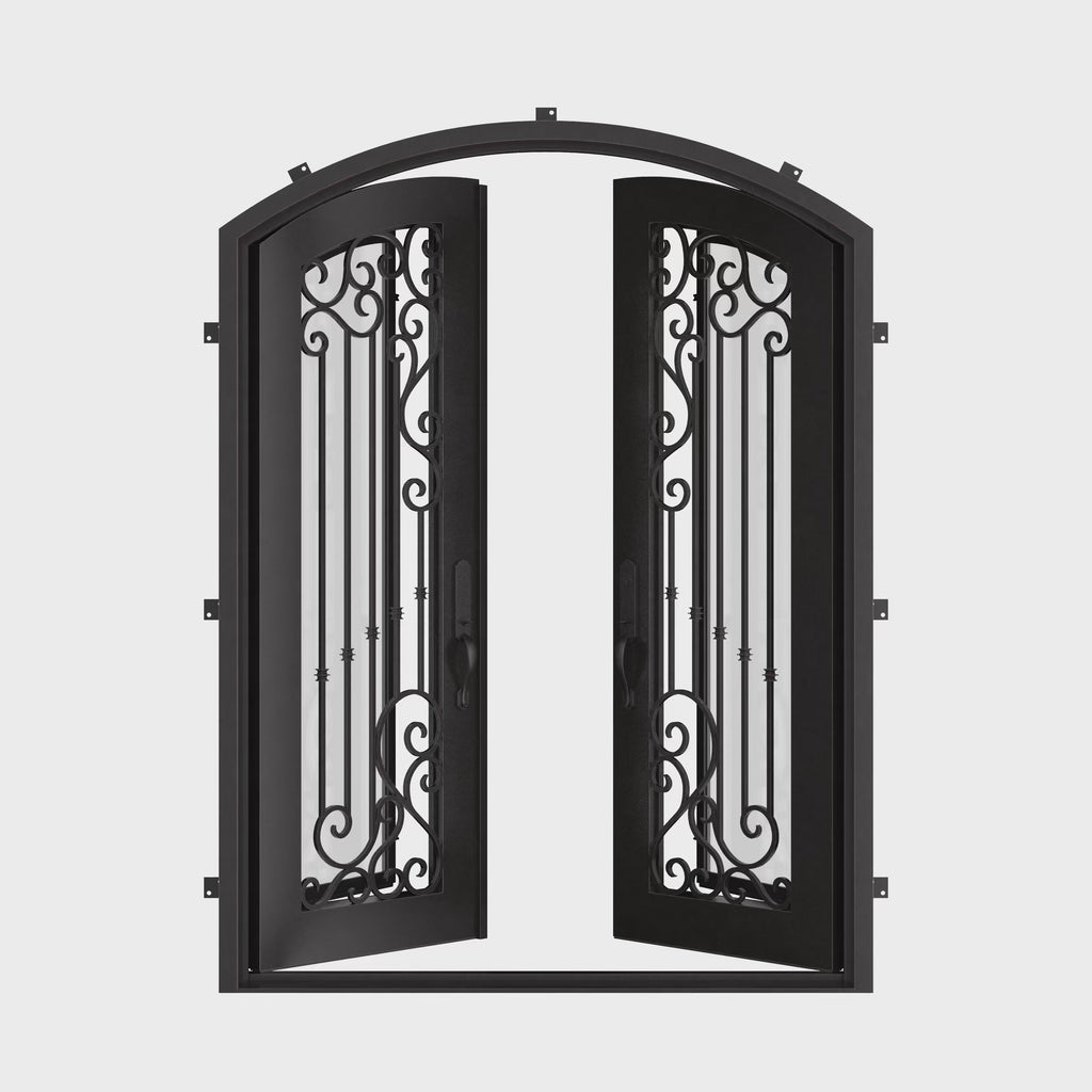 Paris arch top double door with thermal barrier and clear glass in black.