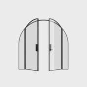 Modular pre-hung double arch steel door with side windows and narrow-profile frame construction.