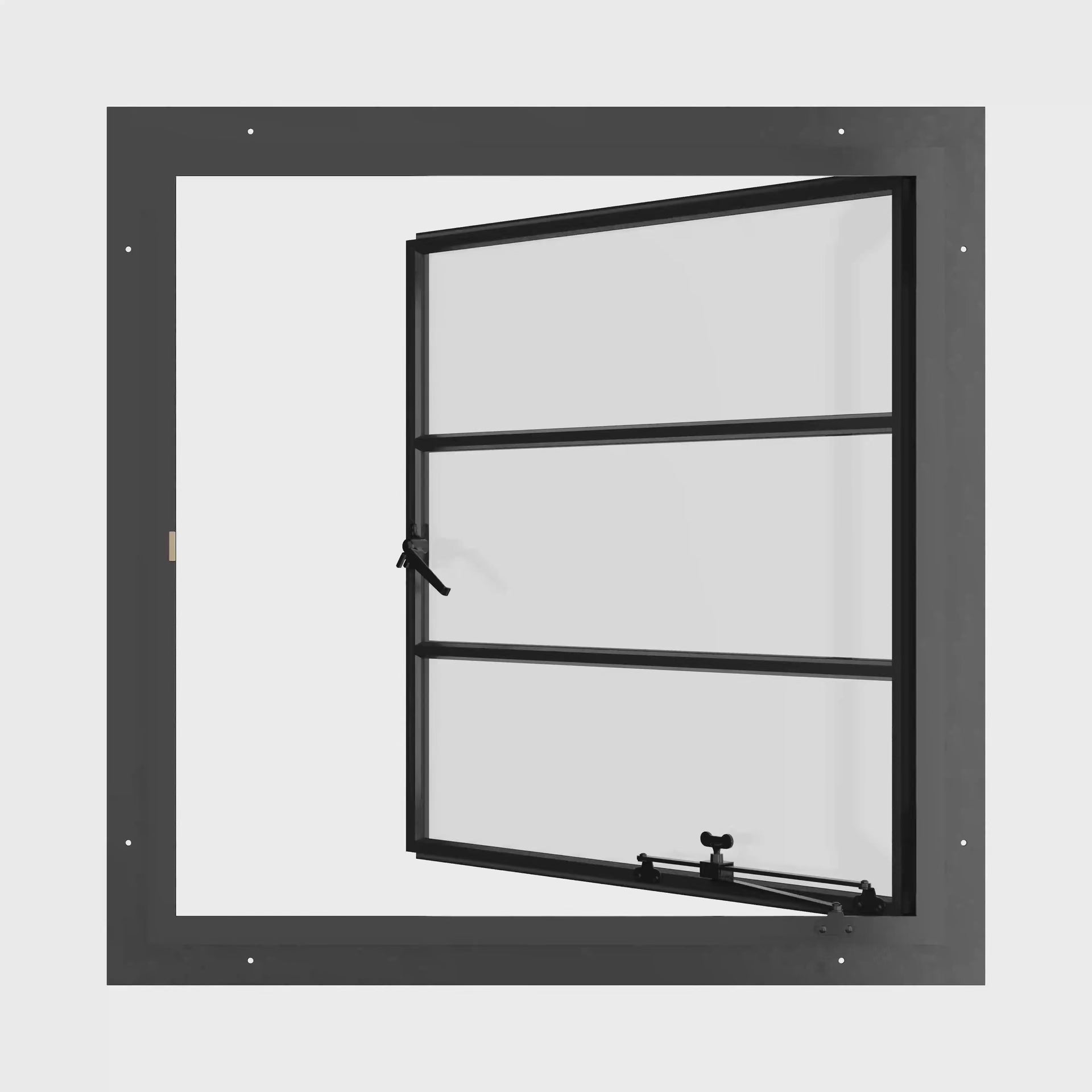 Square single casement window in hot-rolled Ottostumm solid steel with dual pane Low-E glass
