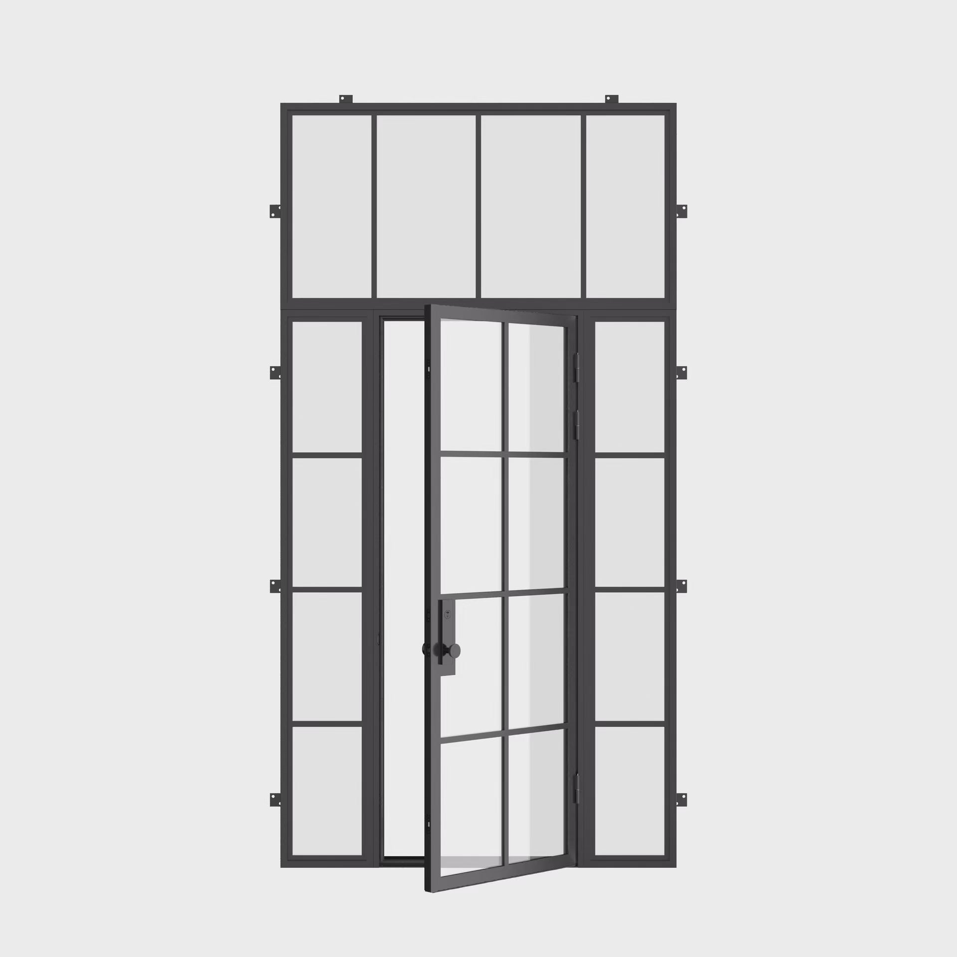 Air 5 single flat exterior steel door with side windows and flat transom glass
