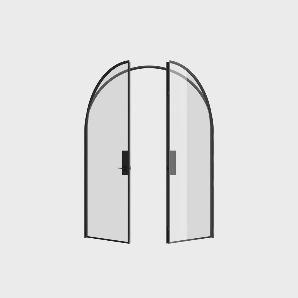 Solid steel Air Lite double full arch doors with removable threshold and minimal sightlines