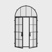 Contemporary double flat architectural steel doors with full arch top light and dual-pane glazing