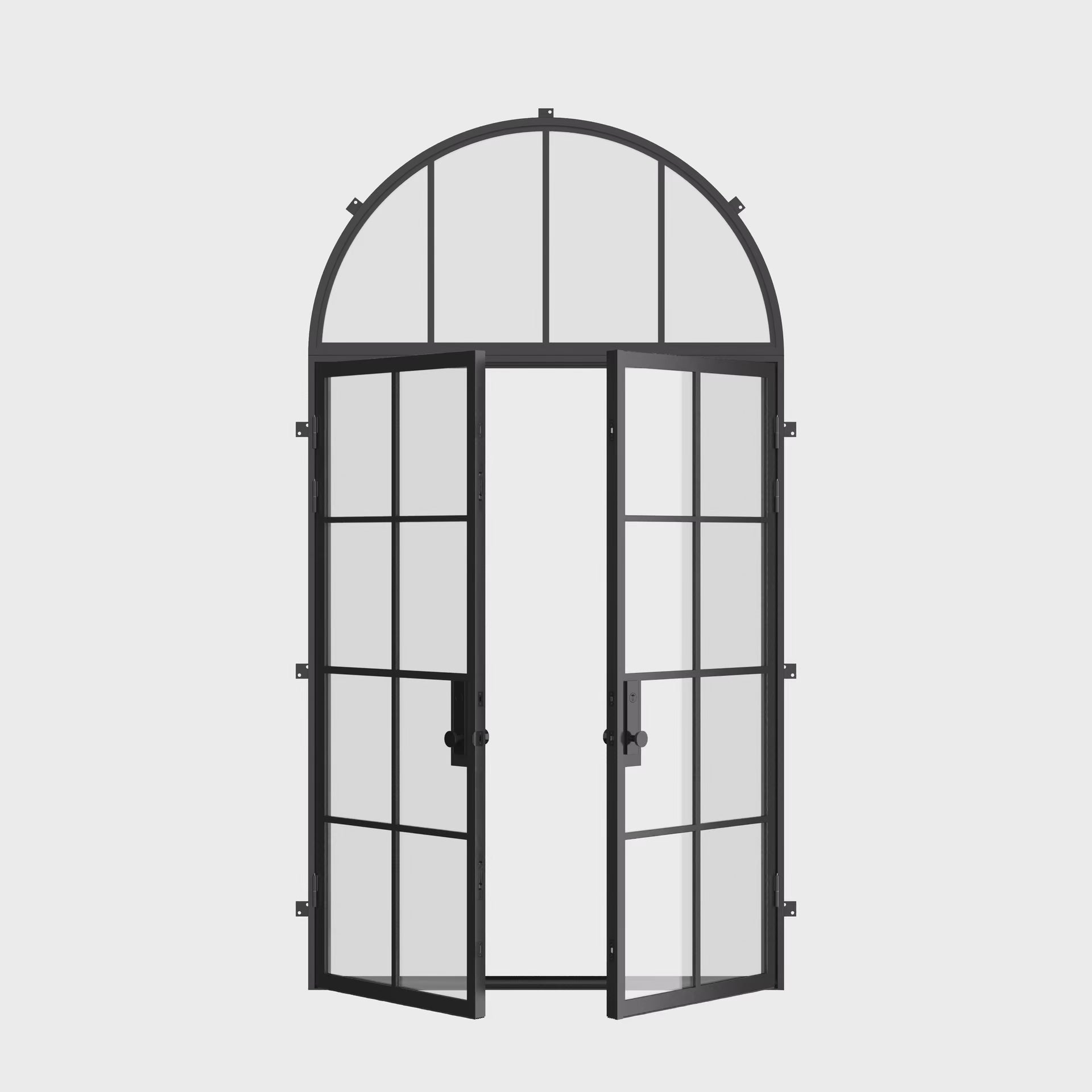 Contemporary double flat architectural steel doors with full arch top light and dual-pane glazing