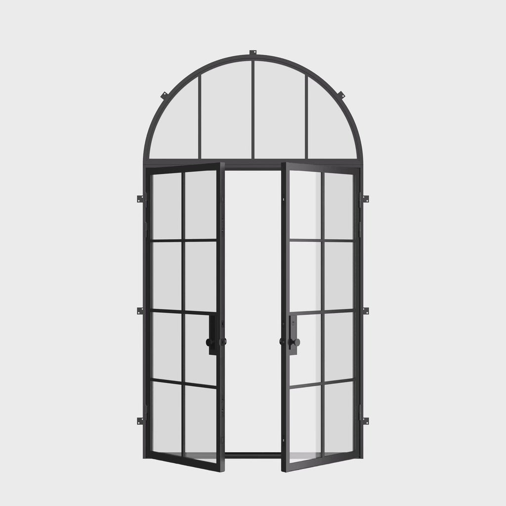 Contemporary double flat architectural steel doors with full arch top light and dual-pane glazing