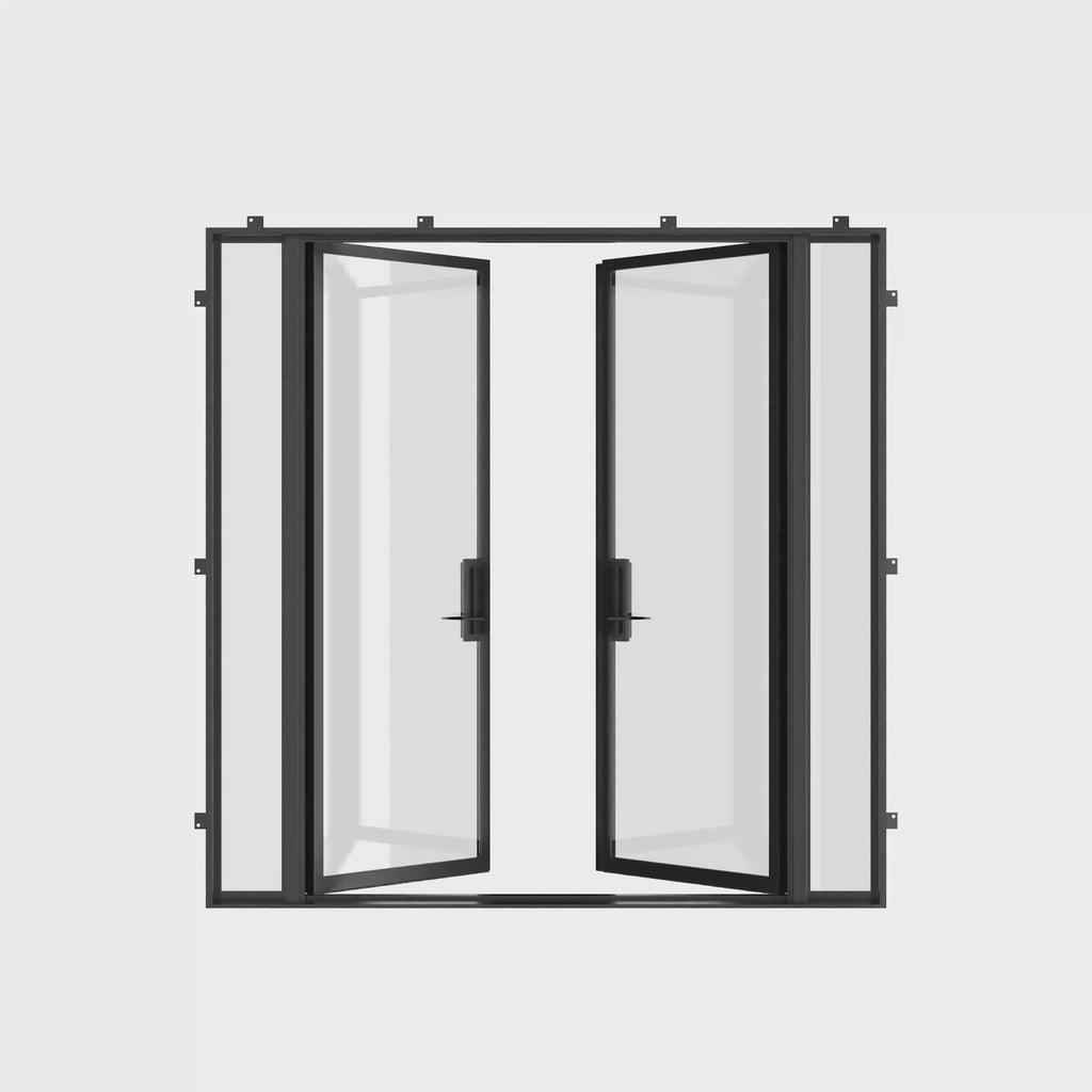 Pre-hung double flat steel doors with energy-efficient glass.