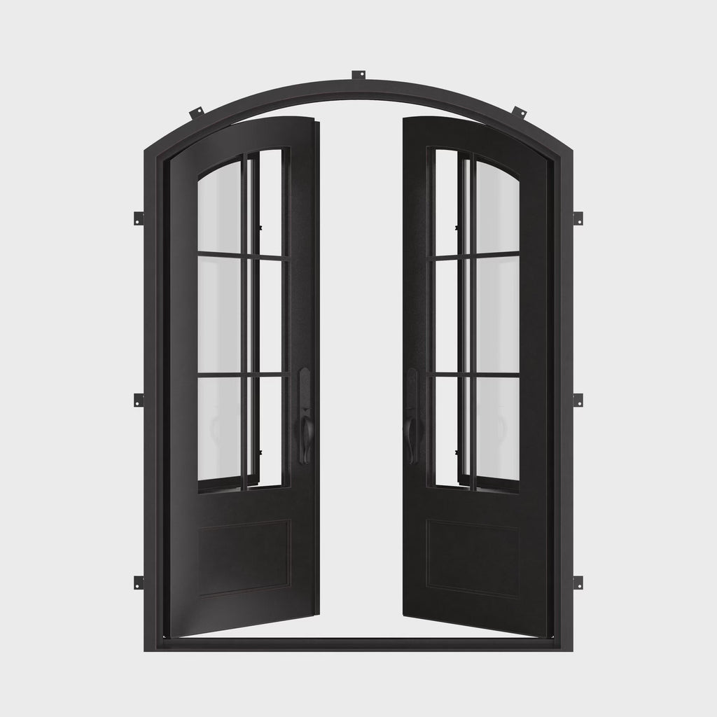 Bristol arch top double iron door with glass windows in bronze color.