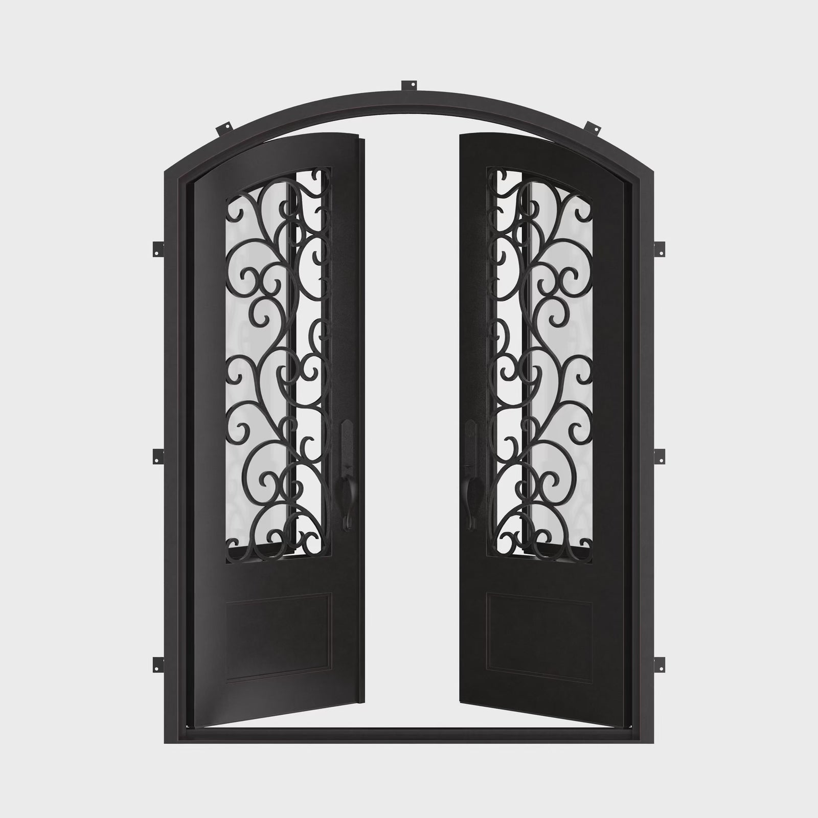 Story double entry door with glass and thermal break in bronze.