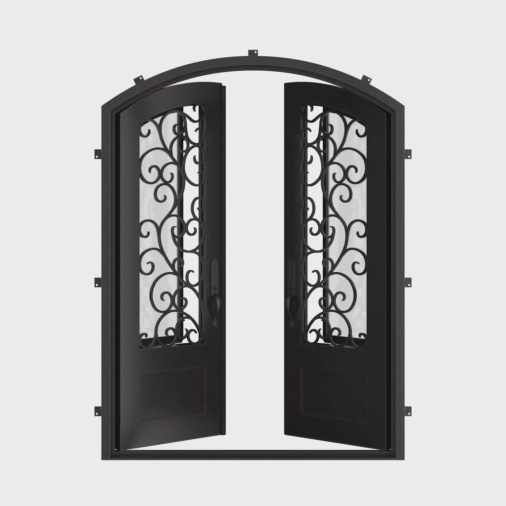 Story double entry door with glass and thermal break in bronze.