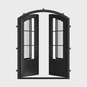 Bristol arch top metal entry door with glass and thermal barrier in bronze.