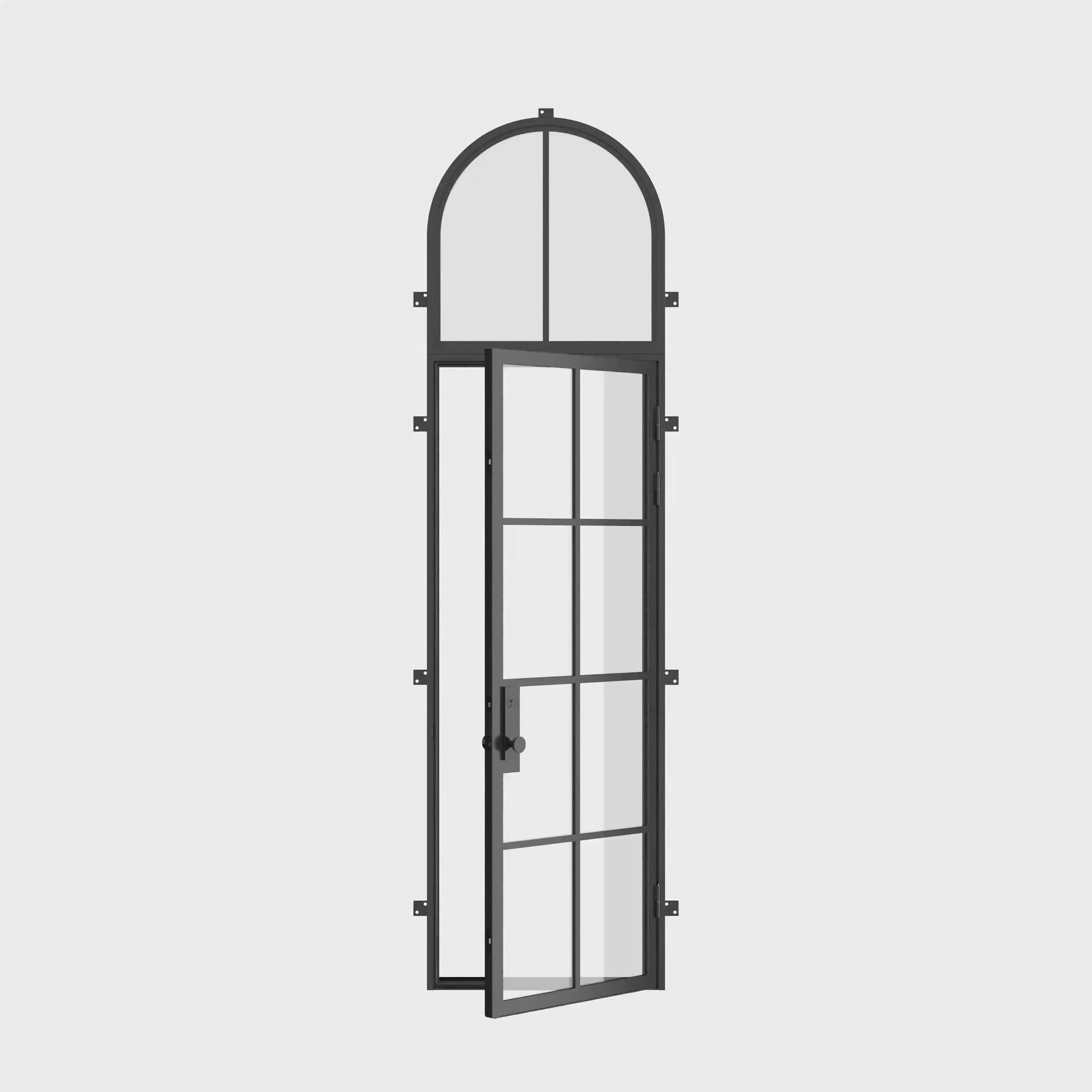 Contemporary single flat architectural steel door with full arch transom and safety glass