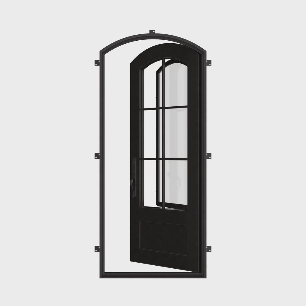 Bristol single eyebrow arch top door in black iron with tempered glass.