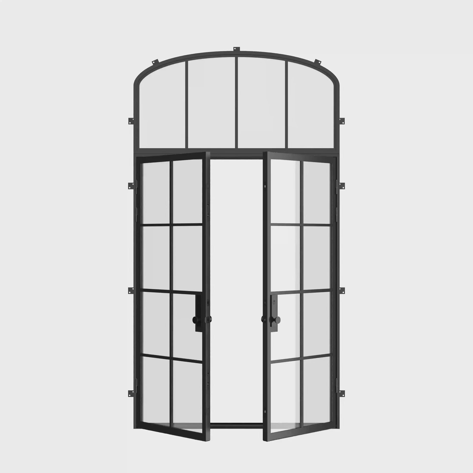 Double flat steel entry doors with mini arch transom, tempered safety glass and welded steel frame