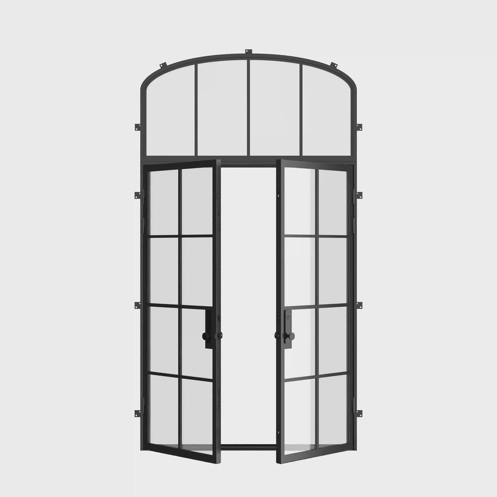 Double flat steel entry doors with mini arch transom, tempered safety glass and welded steel frame