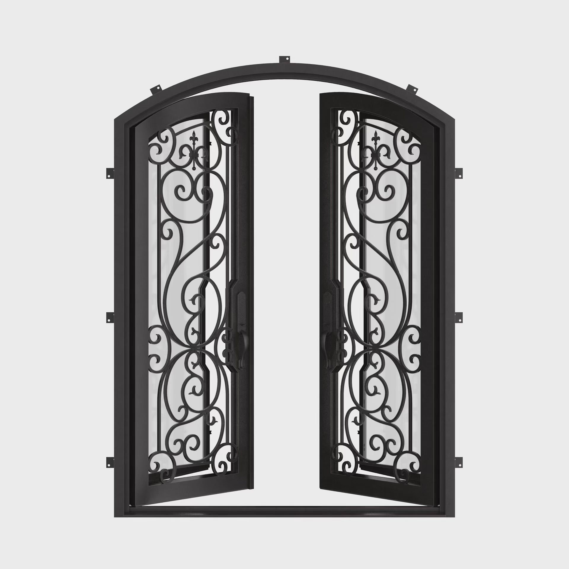 Hills double entry door with arched entry and glass in bronze hue.