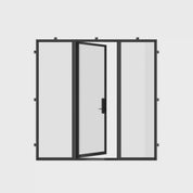 Cold-rolled flat steel door with sidelights and low-E glass.