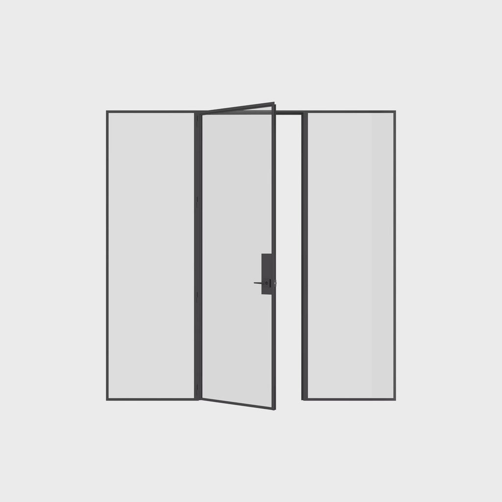 Solid steel single flat door with sidelights and precision-engineered modular system.