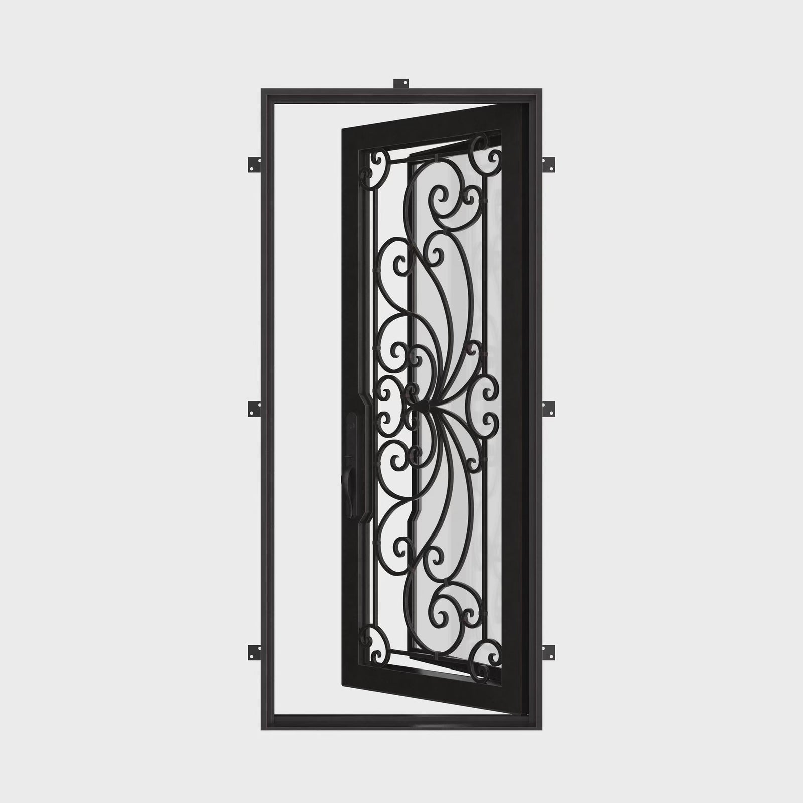 Miracle Single flat top door with tempered glass insert and decorative scrollwork.
