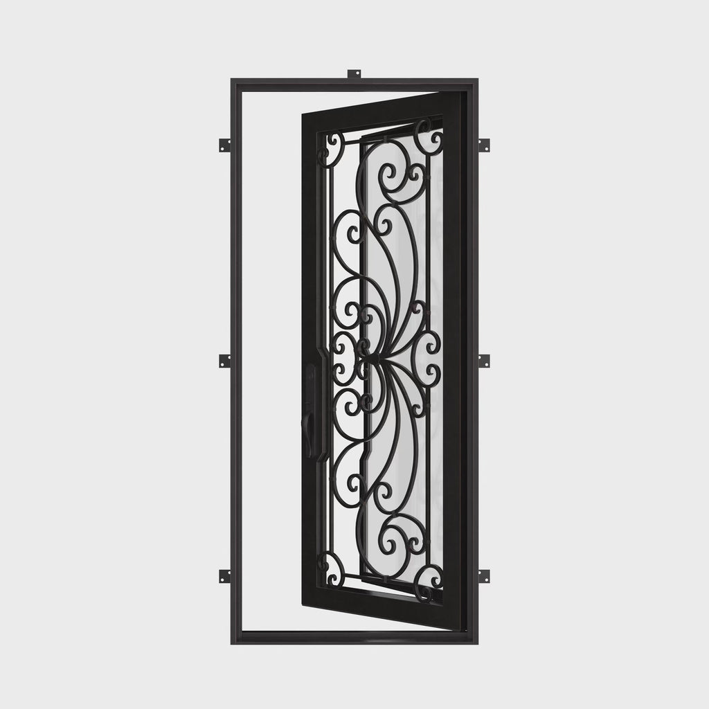Miracle Single flat top door with tempered glass insert and decorative scrollwork.