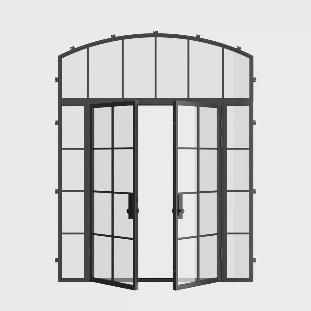 Air 5 double flat cold-rolled steel entry with sidelights and arch top window