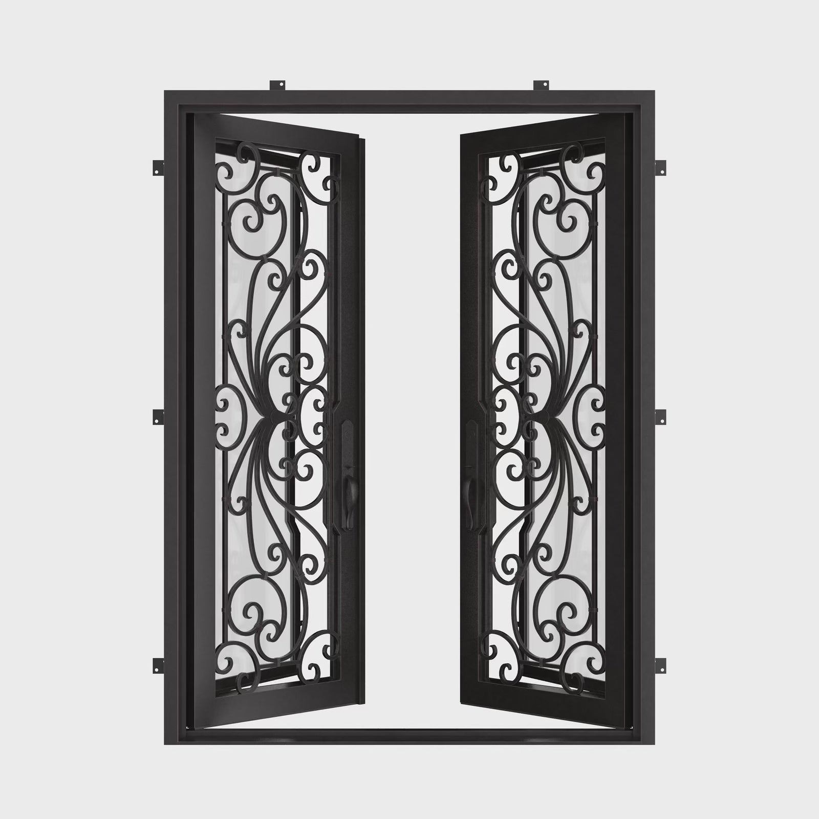 Miracle bronze color iron double door with flat top and thick dual-pane glass.