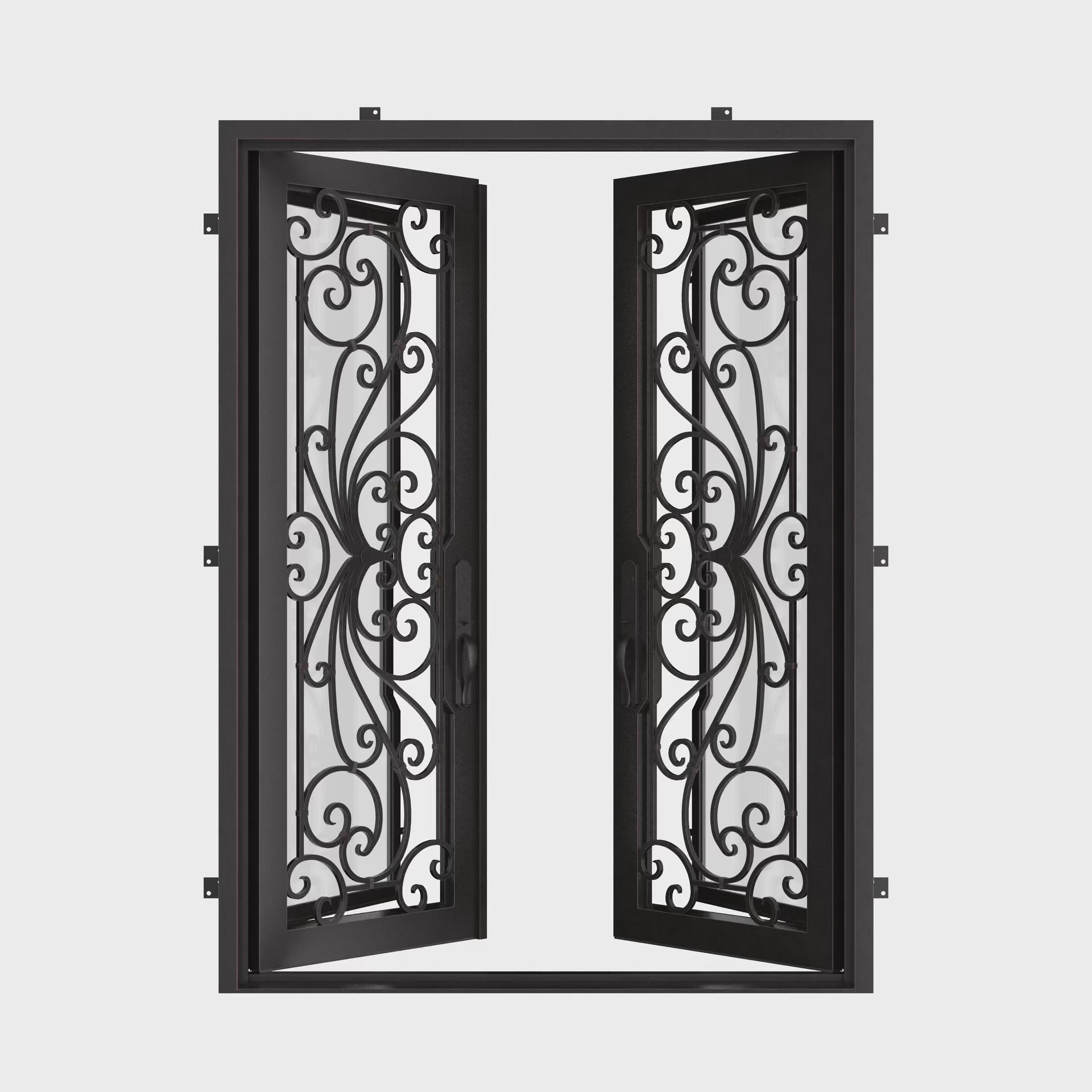 Miracle bronze color iron double door with flat top and thick dual-pane glass.