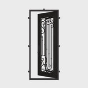 Paris Black flat top single entry door with tempered glass and iron scrollwork.