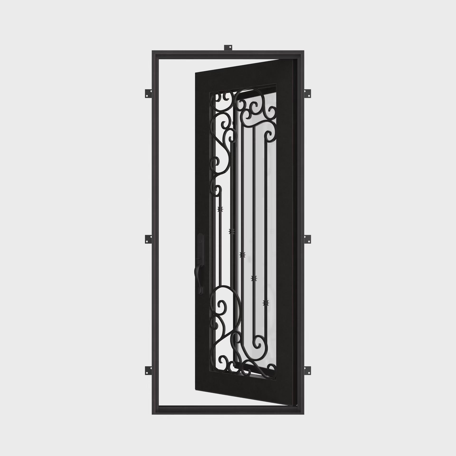 Paris Black flat top single entry door with tempered glass and iron scrollwork.