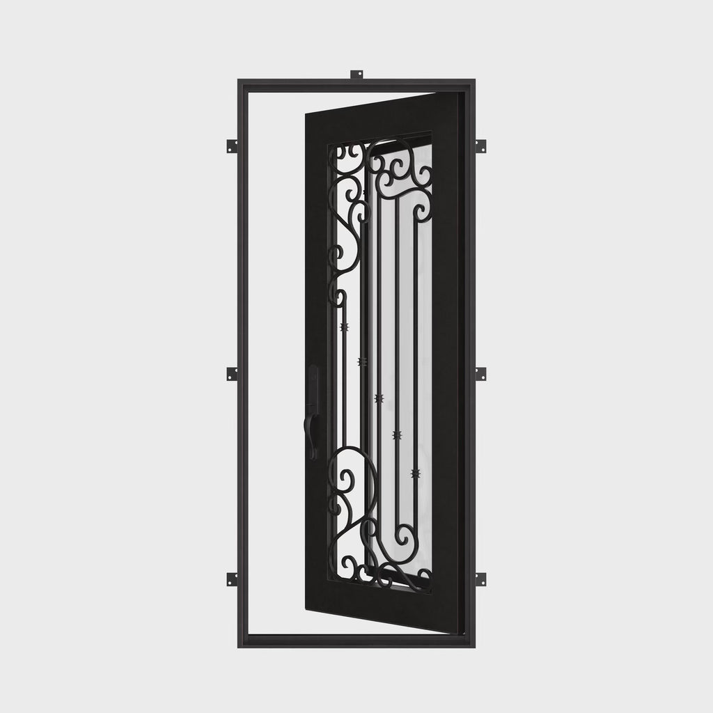 Paris Black flat top single entry door with tempered glass and iron scrollwork.