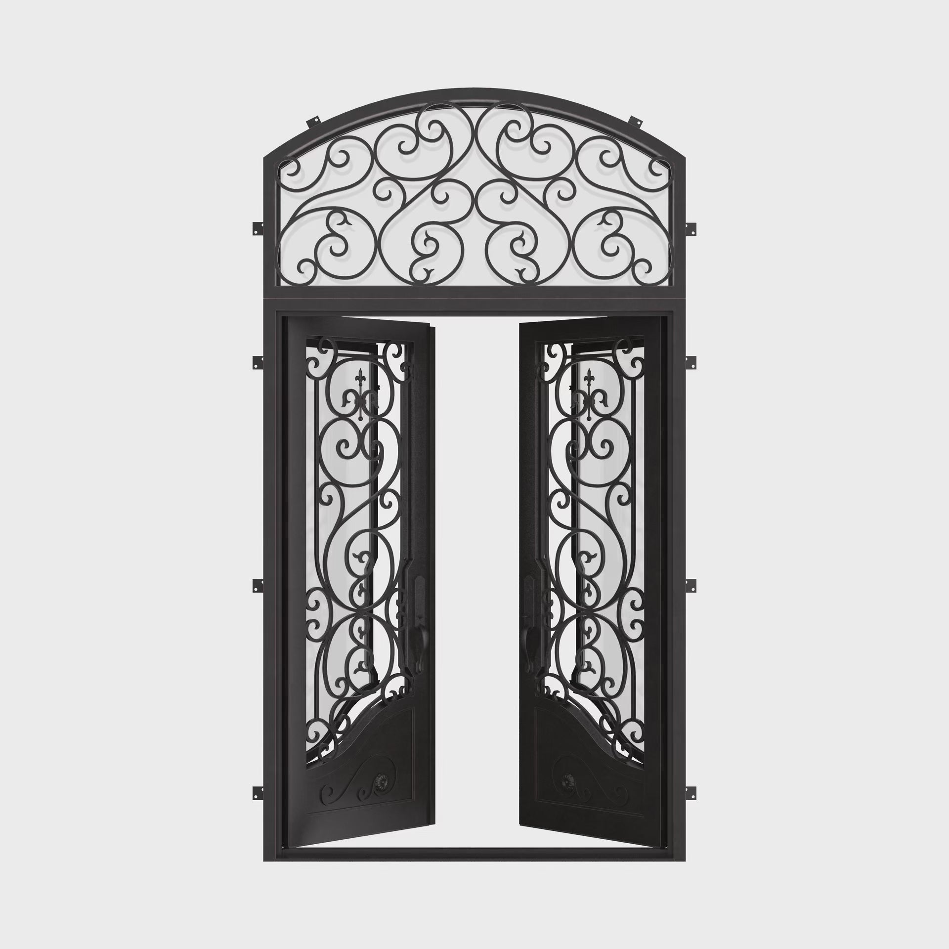 Beverly swinging iron french door with arched top window in bronze color.