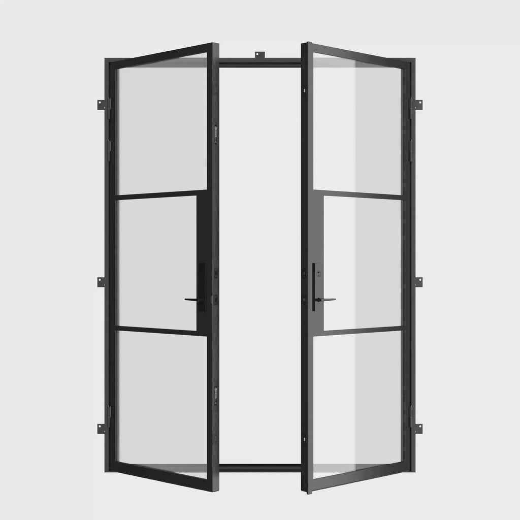 Contemporary double flat exterior steel door with thermal insulation system