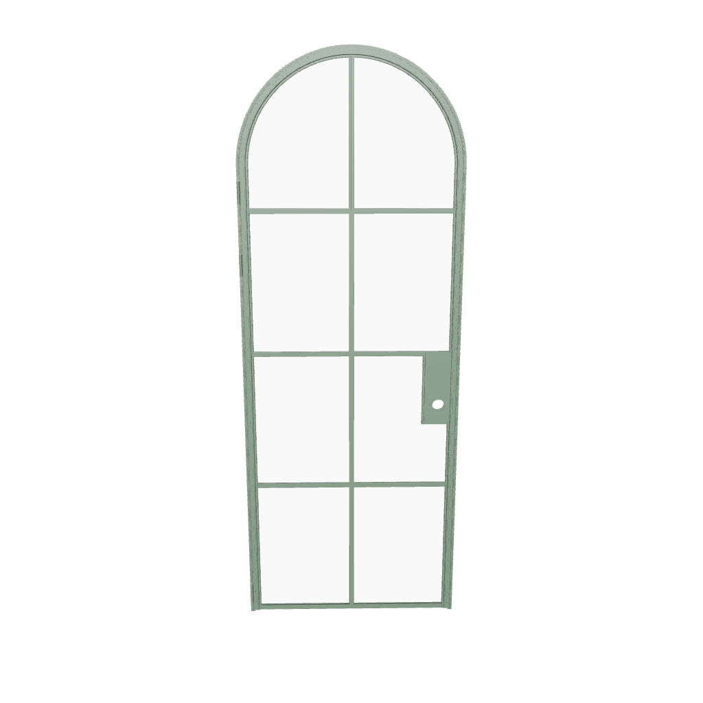 Air 5 single full arch interior door in Angeles Green steel with single pane tempered glass and modular frame