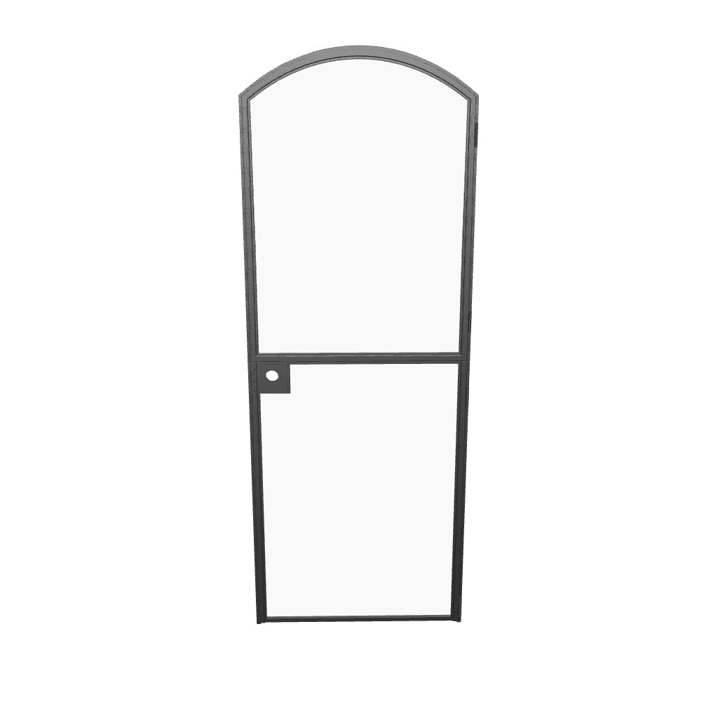 Pre-hung solid steel Dutch door with elegant arch geometry and slim sightlines.
