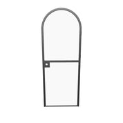 Slim-sightline Dutch door with curved top glass and solid steel build.